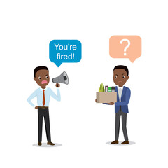Boss with loudspeaker and employee,businessman dismisses employee,