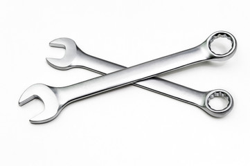 Two chrome spanners of different sizes. Isolated on a white background.