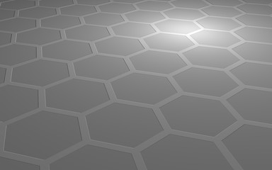 Obraz na płótnie Canvas Honeycomb on a gray background. Perspective view on polygon look like honeycomb. Extruded, bump cell. Isometric geometry. 3D illustration