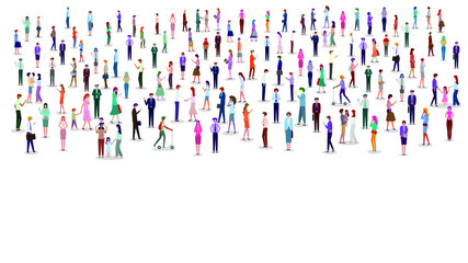 Large group of people on white background. Group of man and woman cartoon characters. Flat colorful vector illustration.
