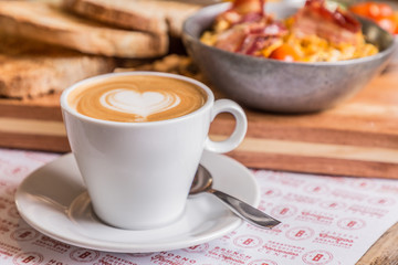 coffee with milk great breakfast on wooden table
