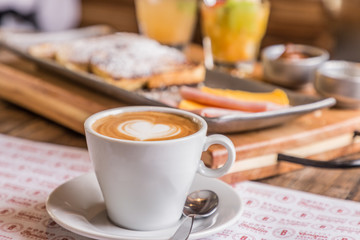 coffee with milk great breakfast on wooden table