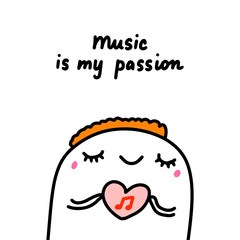 Music is my passion hand drawn vector illustration in cartoon comic style man holding heart with note