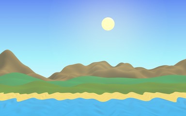 Sun Sea Beach. Noon. Ocean shore line with waves on a beach. Island beach paradise with waves. Vacation, summer, relaxation. Seascape, seashore. Minimalist landscape, primitivism. 3D illustration