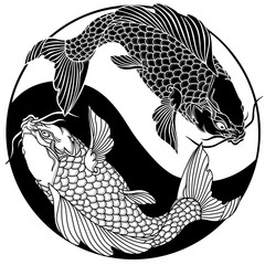 two koi carp fishes in the circle of yin yang symbol. Tattoo. Black and white vector illustration