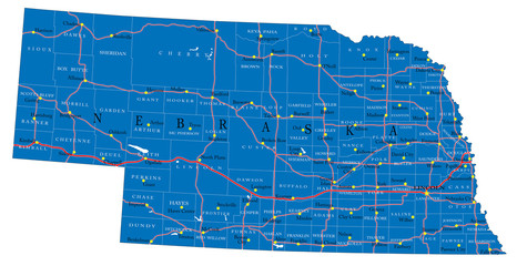 Nebraska state political map - obrazy, fototapety, plakaty