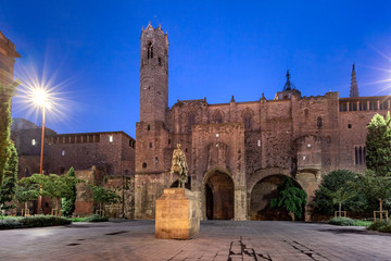 Statue of Ramon Berenguer III on square Placa Ramon Berenguer the Great at night, Barri Gothic Quarter in Barcelona, Catalonia, Spain