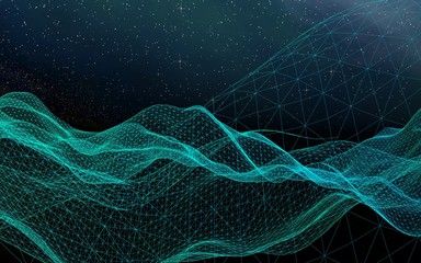 Abstract landscape on a dark background. Cyberspace grid. hi tech network. Outer space. Starry outer space texture. 3D illustration