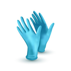 Realistic medical latex gloves. Details blue 3d medical gloves on white background. Vector illustration.