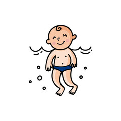 Icon Vector flat illustration of sunburnt baby is swimming in the sea. Healthy and cheerful child swims. Logo Summer print for the children's swimming pool. Emblem for newborns.