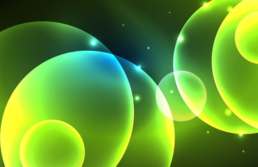 Neon shiny transparent glowing circles with light effects. Techno futuristic vector abstract background For Wallpaper, Banner, Background, Card, Book Illustration, landing page
