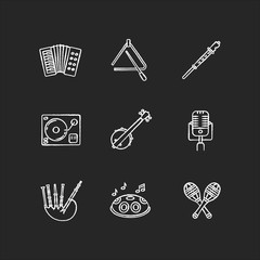 Band musical instruments chalk white icons set on black background. Accordion with keyboard. Triangle for percussion. Flute and fiddle performance. Isolated vector chalkboard illustrations