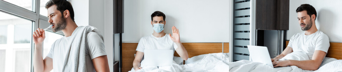 Collage of man brushing teeth and using laptop in medical mask in bed, panoramic orientation