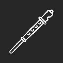 Flute chalk white icon on black background. Recorder musical instrument. Orchestral performance. Pipe with holes to play acoustic melody. Folk festival. Isolated vector chalkboard illustration