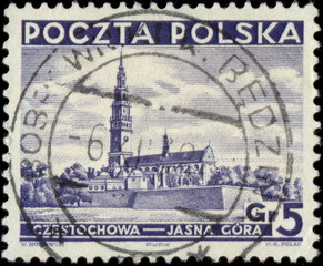 Bobrowniki koło Będzina. Kasownik pocztowy (1938) odbity na znaczku pocztowym, przedstawiającym Klasztor na Jasnej Górze.