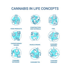 Cannabis concept icons set. Marijuana use, light drugs idea thin line RGB color illustrations. Recreational and medical marihuana side effects. Vector isolated outline drawings. Editable stroke