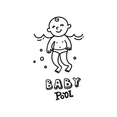 Lettering Baby pool. Vector linear, contour logo of baby is swimming in the sea. Healthy and cheerful child in the inflatable circle. Summer print for t-shirts. Children's swimming pool for newborns.