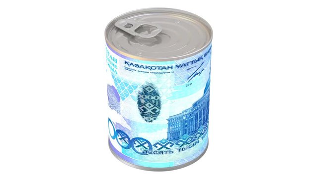 Financial reserve in Kazakhstan currency. Tin can with a label in the form of a Kazakhstan banknote (tenge). Cash reserve funds. Footage video