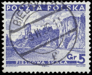 Bielsko (dziś Bielsko-Biała). Kasownik pocztowy (1936) odbity na znaczku pocztowym, przedstawiającym Maczugę Herkulesa w Pieskowej Skale.