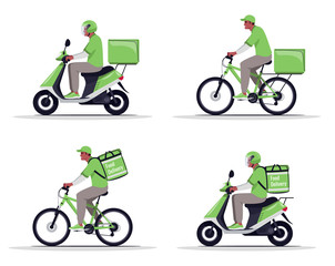 Package vehicle transportation flat vector illustrations set. African man on motorbike. American deliveryman with food delivery. Male bike courier in green uniform isolated cartoon one character kit