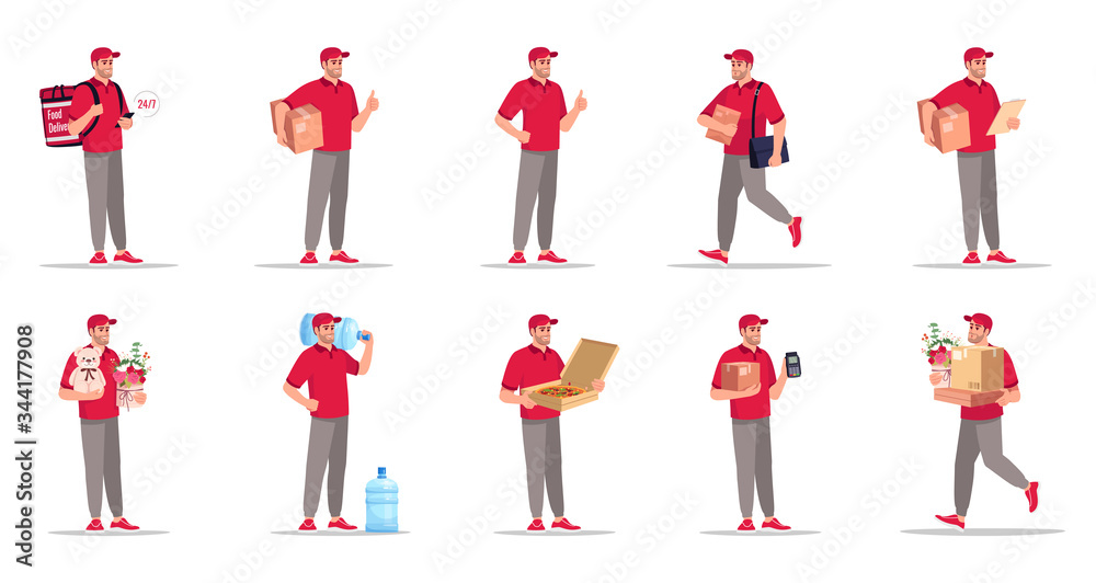 Wall mural Home and office delivery flat vector illustrations set. Cashless payment for received order. Pizza delivery. Mail carrier. Caucasian male courier in red uniform isolated cartoon one character kit