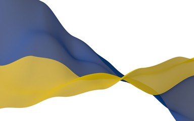 The flag of Ukraine on a white background. National flag and state ensign. Blue and yellow bicolour. 3D illustration waving flag