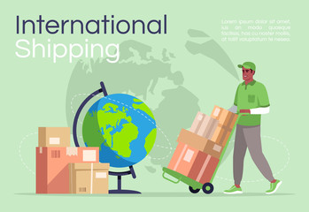 International shipping poster template. Freight and cargo transportation. Commercial flyer design with semi flat illustration. Vector cartoon promo card. Global delivery service advertising invitation