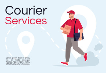 Courier services poster template. Deliveryman with parcel. Mail carrier. Commercial flyer design with semi flat illustration. Vector cartoon promo card. Shipping company advertising invitation
