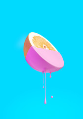 Summer symbol. Creative citrus fruit design, minimal summertime concept. Lemon drip paint drops. 3d illustration.