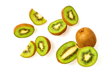 Fresh kiwi fruit, slices green color isolated on white. Fruity diet concept. Sweet summer whole,...