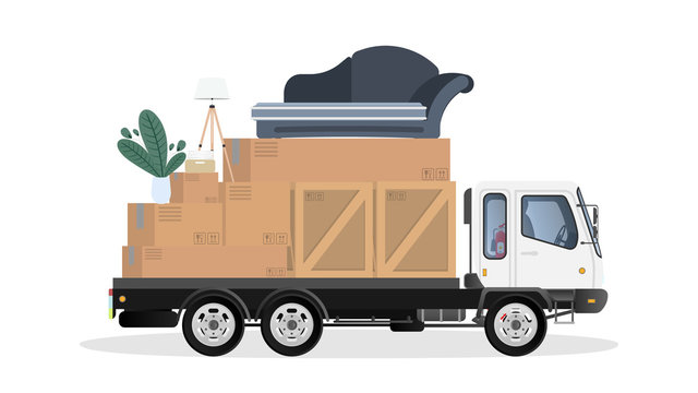 Truck with boxes. Moving home. Moving to a new place. White truck, boxes, sofa, indoor plant, lamp. Isolated. Vector.