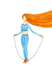 Obraz premium Watercolor illustration of cartoon girl sport training and jumping at home on a white background. 