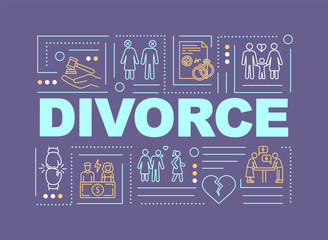 Divorcement word concepts banner. Family destruction, relationship termination. Infographics with linear icons on purple background. Isolated typography. Vector outline RGB color illustration