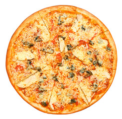 Pizza with cheese, tomatoes, mushrooms and chicken isolated on white background with clipping path. Top view.