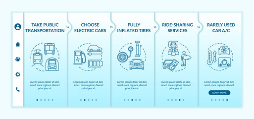 Sustainable travel onboarding vector template. Fuel saving, cost effective and eco friendly transportation. Responsive mobile website with icons. Webpage walkthrough step screens. RGB color concept
