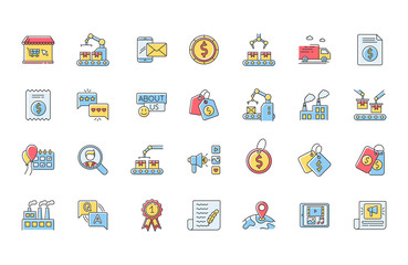 Social media RGB color icons set. E commerce and retail. Online shopping store. Internet trade. Digital marketing. Premium quality production. Bestselling product. Isolated vector illustrations