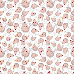 Obraz premium Seamless pattern with flat illustration of cute chick and lettering Happy Easter. Doodle illustration isolated on white background. Scandinavian style. Design for print, textile, fabric.