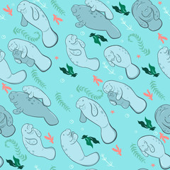 Fototapeta premium Seamless pattern with manatees and algae. Vector graphics.