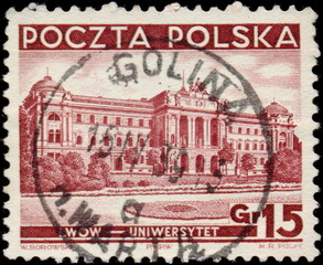 Golina (Golina nad Wartą). Kasownik pocztowy (1939) odbity na znaczku pocztowym, przedstawiającym Uniwersytet Jana Kazimierza we Lwowie.
