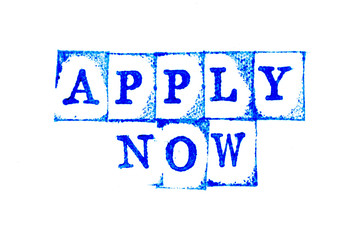 Blue ink of rubber stamp in word apply now on white paper background