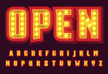 Red letters set with bright lightbulb . Illuminated broadway style alphabet. Font for casino, circus, cinema, gambling club, open signboard, restaurant and party banner. Vector typography design