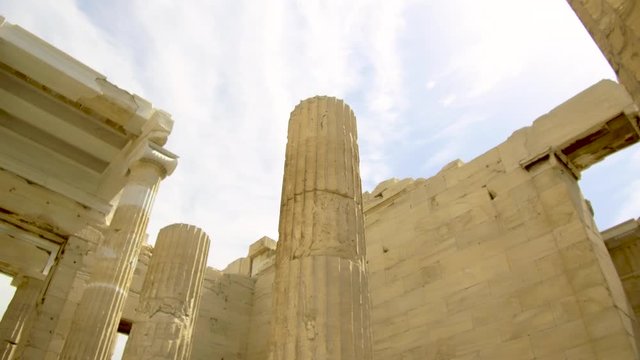 Left to right pan from Propylaea ancient principal entryway to Temple of Athena Nike