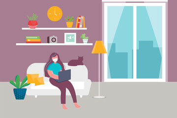 Girl in medical mask with laptop on sofa sits. Staying working at home, working from home. Self-isolation shield from coronavirus. Remote work from home during Quarantine. Illustration in flat style