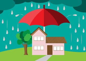 Home safety concept. Big umbrella protecting a beautiful house from raining and storm. Vector Illustration. Isolated on dark clouds background. 