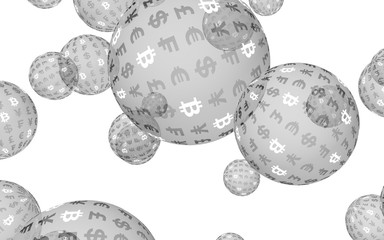 Bitcoin economic financial bubble. crypto currency 3D illustration. Business concept. Silver bubbles on white background. Bit, Coin, mining concept