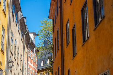 Narrow street in Stockholm. The old town (gamla stan) of the Swedish capital. Photo of medieval architecture.