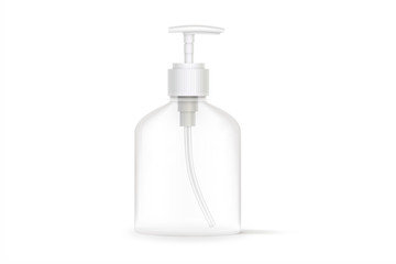 Hand antibacterial sanitizer dispenser pump. Cosmetic bottle with dispenser liquid container for gel, lotion, bath foam 3d illustration realistic mockup isolated on white background. Wash your hands