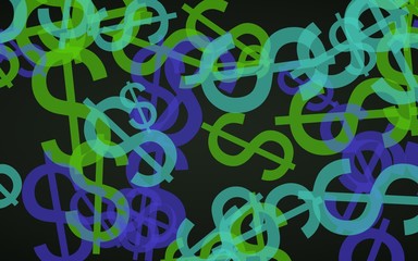 Multicolored translucent dollar signs on dark background. Green tones. 3D illustration