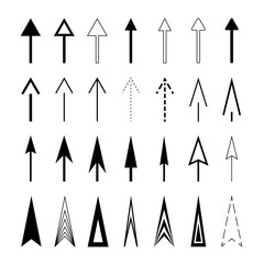 Arrows black set of thin long icons. Simple Oblong vector arrows.