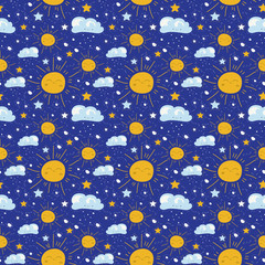 Seamless pattern with suns, clouds and stars . Cute doodle illustration isolated on blue background. Scandinavian style. Design for print, textile, fabric.